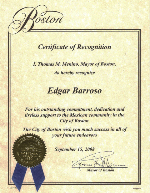 The City of Boston – Certificate of Recognition