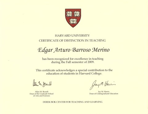 Edgar Barroso awarded with a Harvard University Certificate of Distinction in Teaching